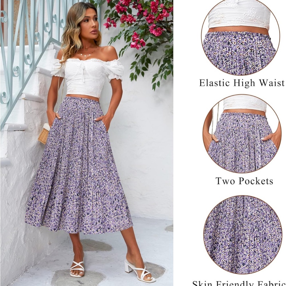 Purple Floral A-line Pleated Midi Skirt